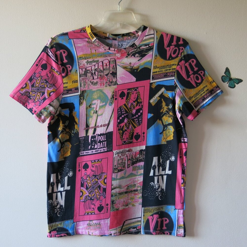 Guess Los Angeles Graphic Playing Cards Novelty Print Cotton T-Shirt Size L